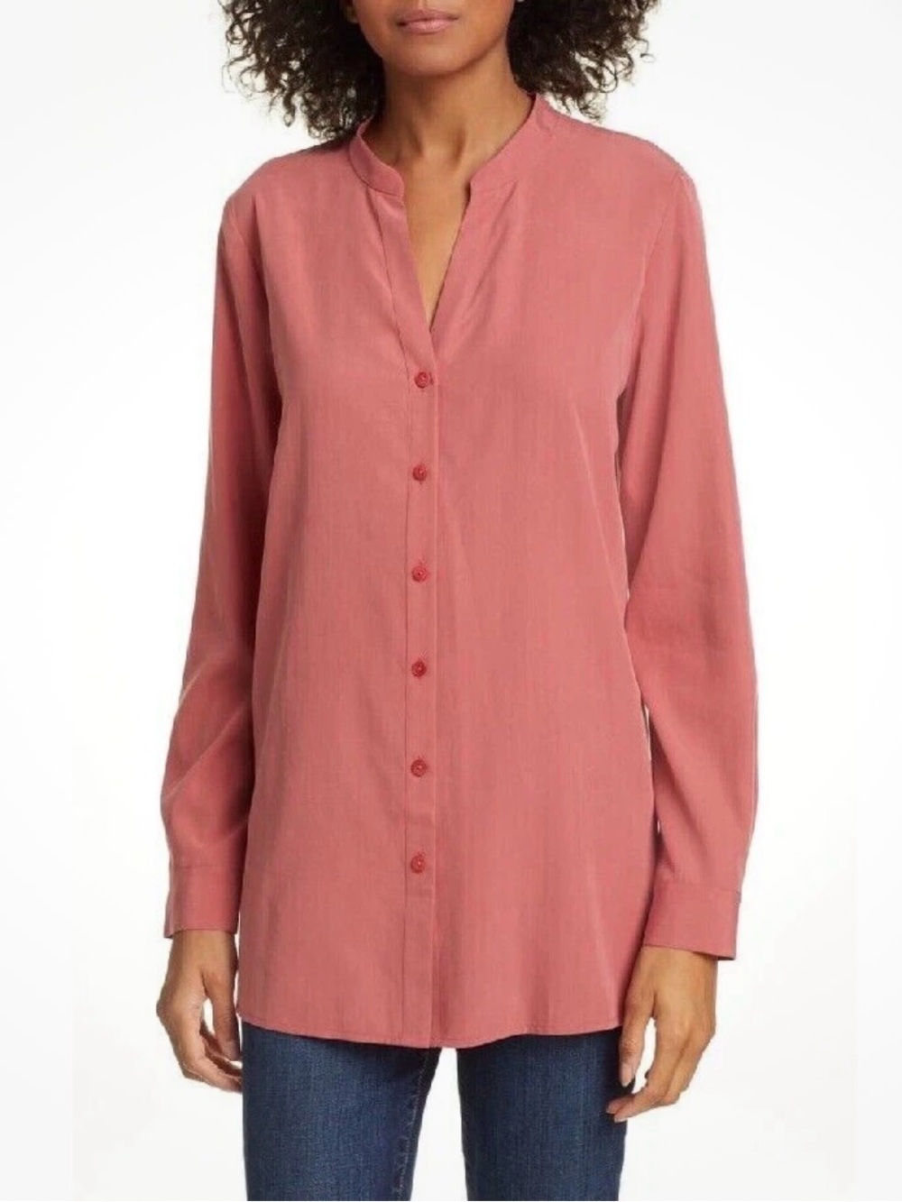 Eileen Fisher Sandwashed Tencel Chutney Button-Down Mandarin Collar Blouse